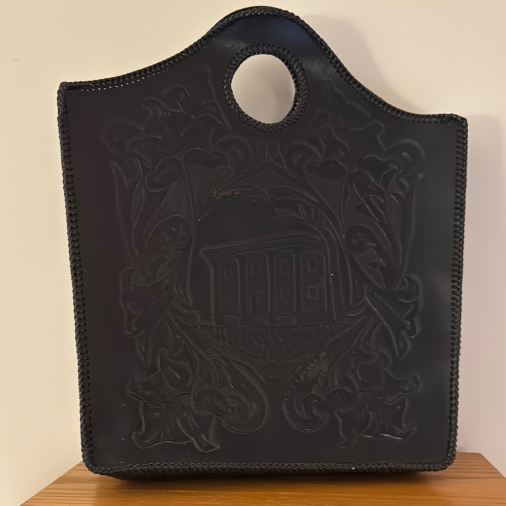 Black/Red hand Tooled Leather Tote Bag